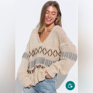 NWOT L Blue B. Women's Chunky Knit Long Sleeve Drop Shoulder V-Neck Sweater